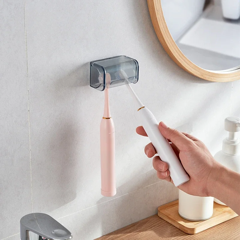 Dustproof Wall Mounted Toothbrush Holder with Cover 2 Slots Self Adhesive Toothbrush Storage Organizer for Shower Bathroom