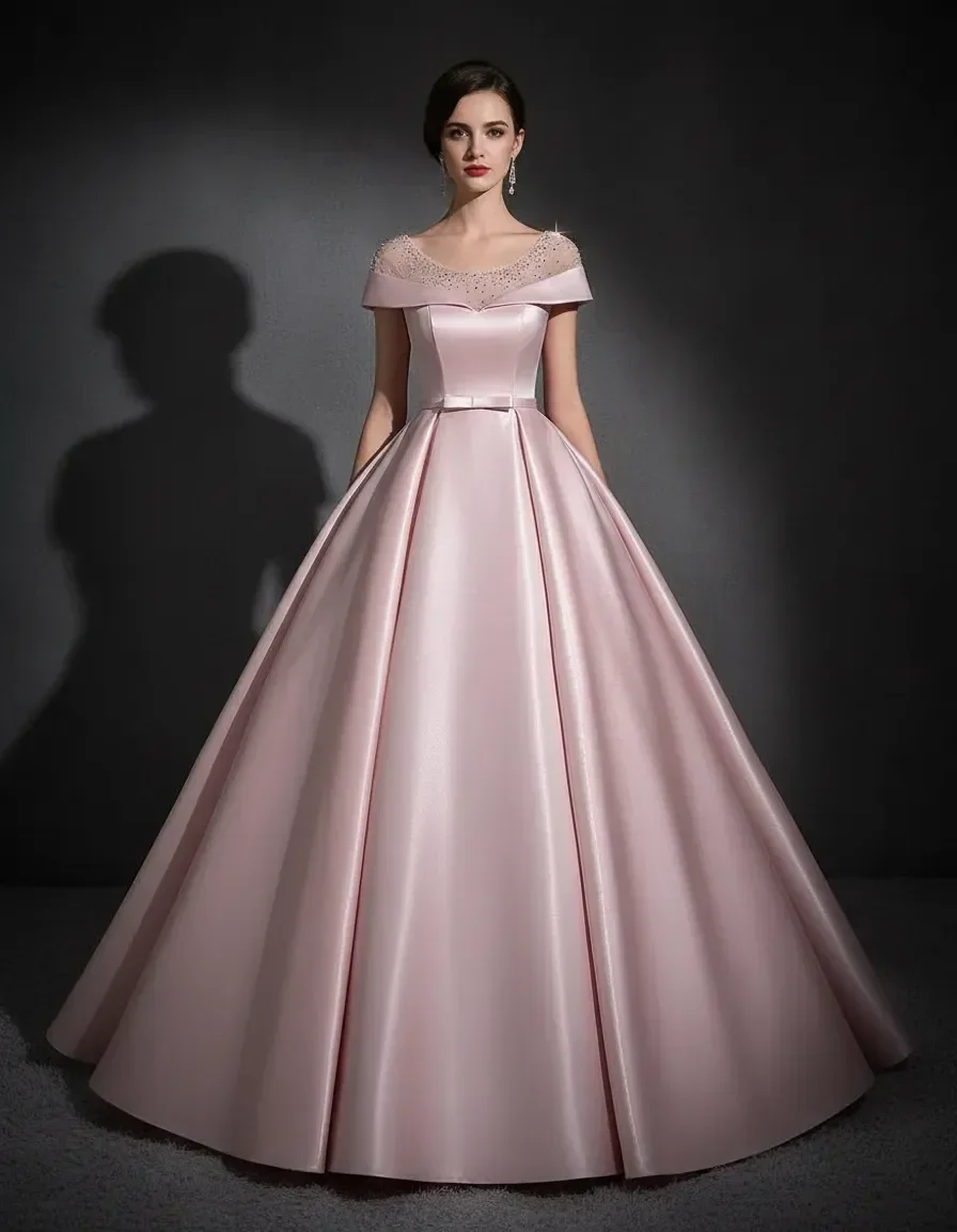 Pink Off Shoulder Satin Ball Gown with Beaded Neckline for Quinceanera Prom Evening Party Wedding Guest Formal Occasion view 2
