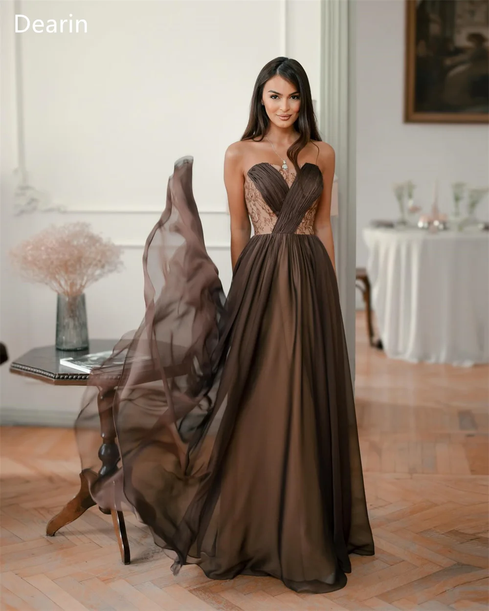 Customized Prom Gown Dearin Strapless A-line Floor Length Skirts Draped Tulle Layered Sleeveless Bespoke Occasion Dresses Saudi