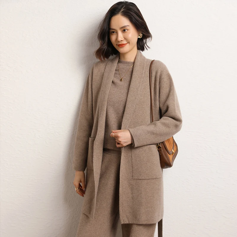 2024 Autumn Winter New 100% Cashmere Cardigan Knitted Sweater Women Loose Large Size Cardigans Female Solid Thicken Warm Jacket