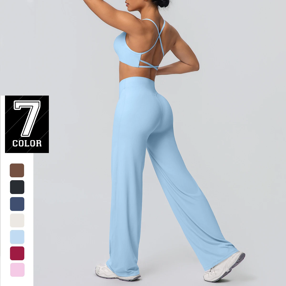 

Женский однотонный комплект для йоги с открытой спиной, 2 предмета, сексуальный бюстгальтер с перекрестными бретелями, нижнее белье для йоги с нагрудной подушечкой, комплект широких брюк для спортзала с эффектом пуш-ап