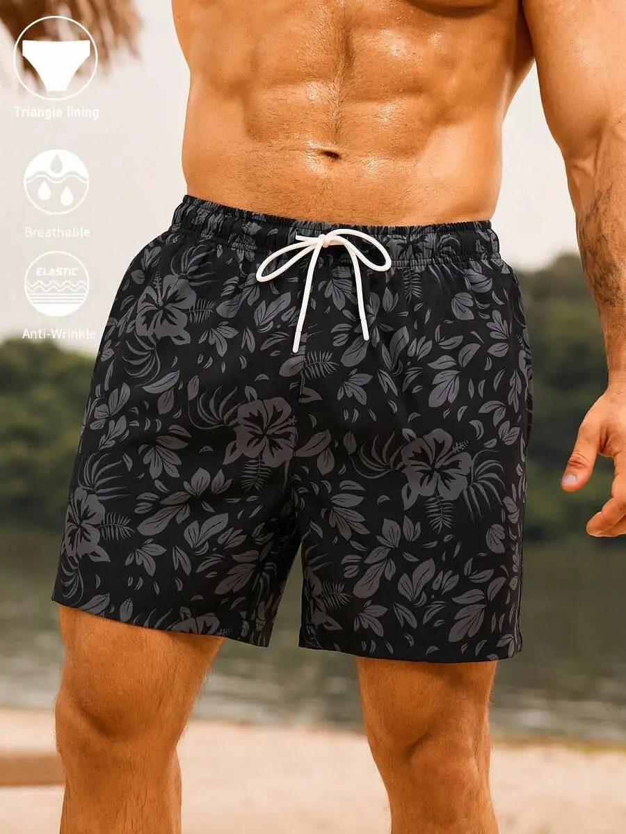 

Mens Floral Print Drawstring Waist Beach Shorts With Slant Pockets