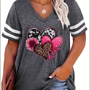 Loose T -shirt with V V, Women's Short Sleeve, Love Stamp, Casual Fashion, Spring, Summer, New, Plus Size, 5xl, 6xl, 2024 8 Main Sales Plus Size Women's Blouse - №6