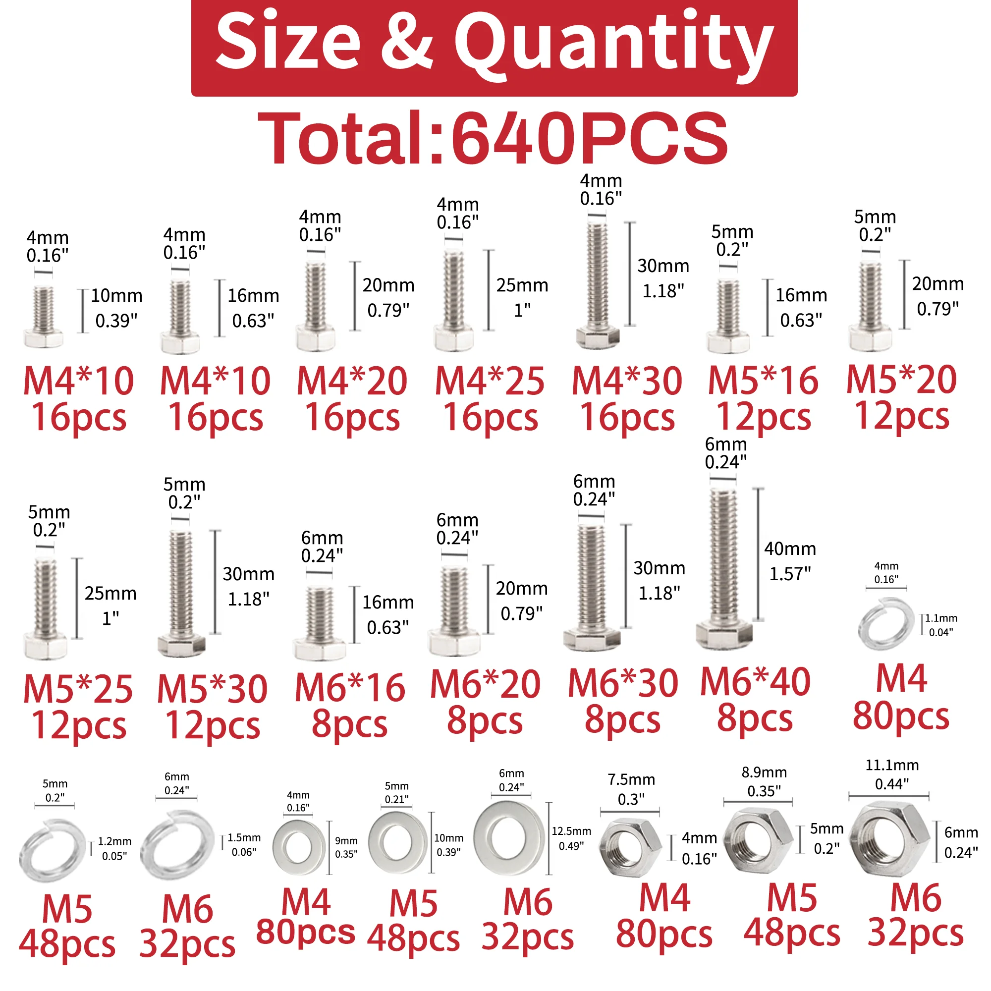 640pcs M4 M5 M6 Heavy Duty Bolts and Nuts Assortment Kit, 304 Stainless Steel, Includes 13 Most Common Sizes