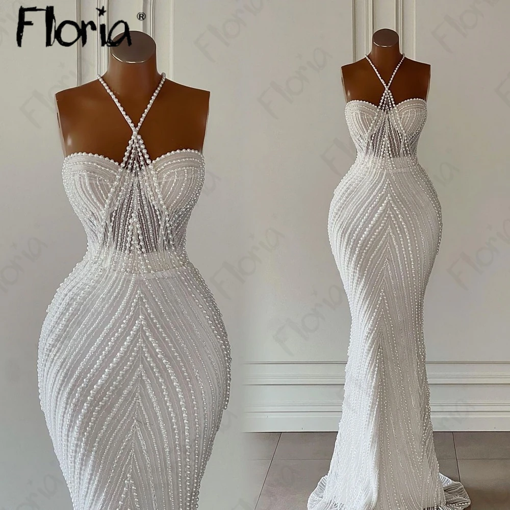 White Pearls Celebrity Dress Sweetheart Sexy Halter Wedding Party Gowns Vestido De Noiva African Engagement Gowns Cocktail Dress