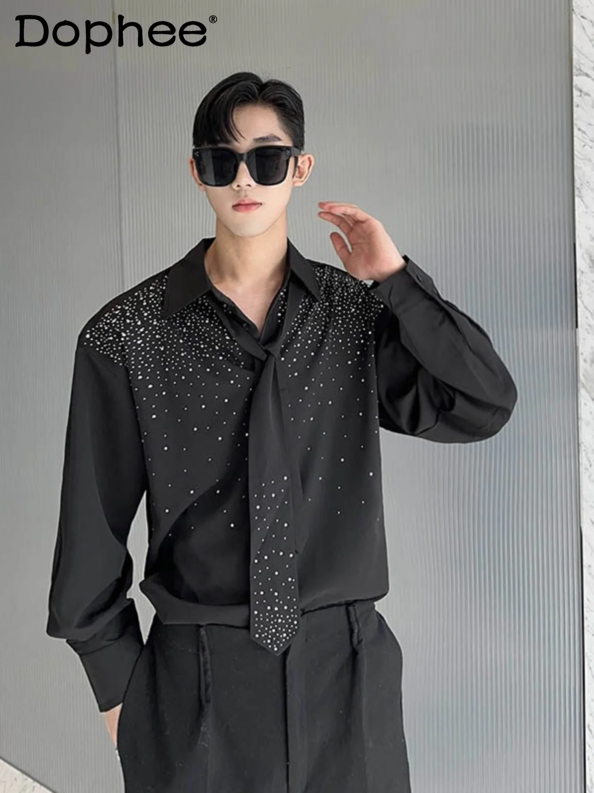 

Men's 2024 High-end Tops Full Body Hot Diamond Tie Shirts Handsome Fashion Long-sleeve Clothes Men's Trendy Solid Color Shirt