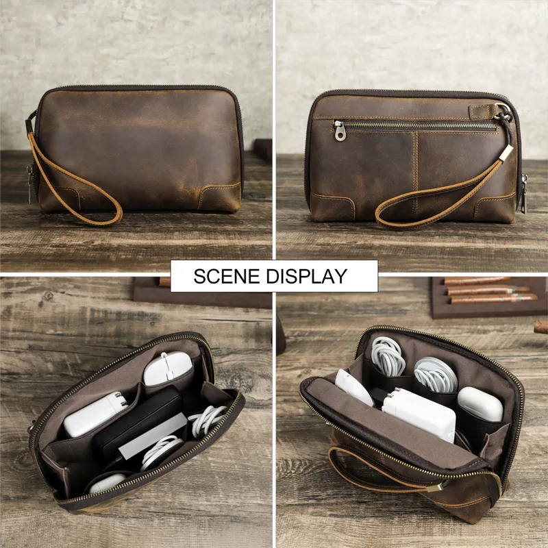 Mens Vintage Crazy Horse Leather Organizer Wallet | Detachable Strap Tech Pouch for Cables & Earphones | Small Carry Case