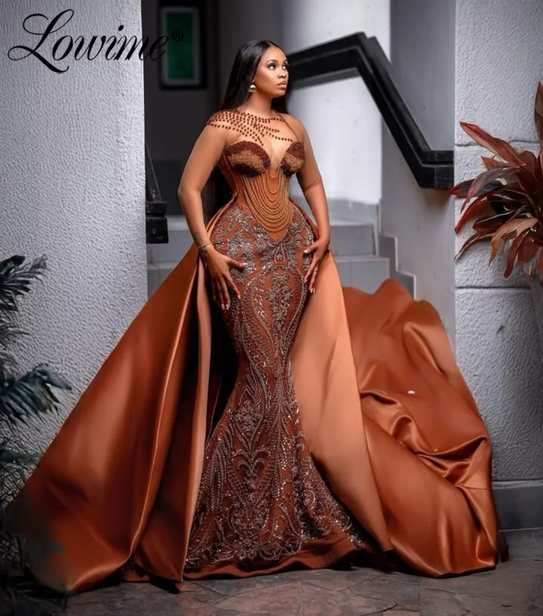 

Винтажные коричневые платья для выпускного вечера с длинными рукавами по индивидуальному заказу, африканское вечернее платье больших размеров, верхняя юбка, элегантные вечерние платья русалки из бисера