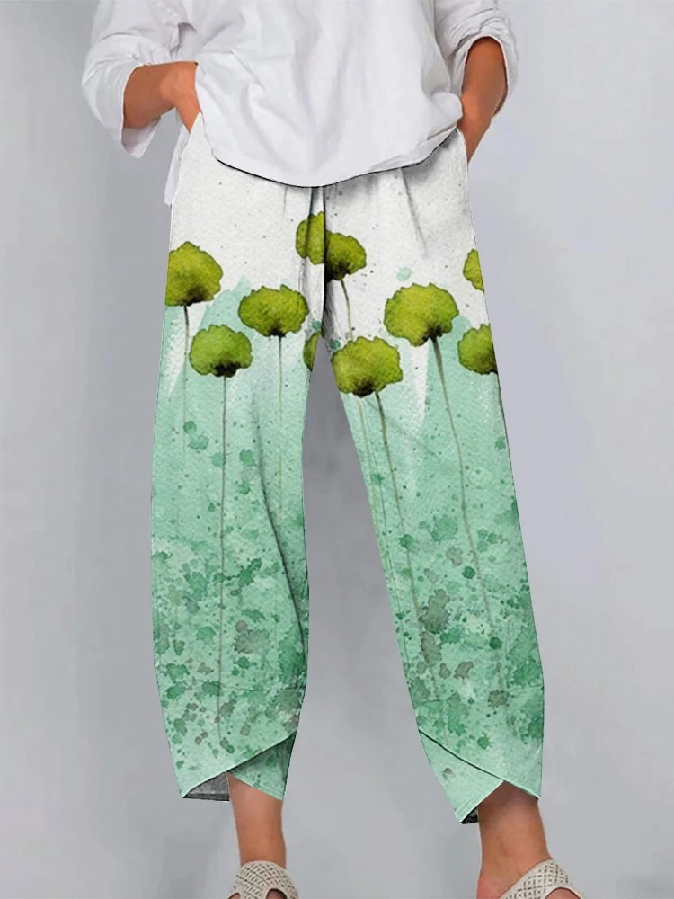 Women's Harem Pants Summer Women's Lantern Pants Retro 3D Leaf Pattern Daily Casual Large Sized Fashion Women's Wide Leg Pants