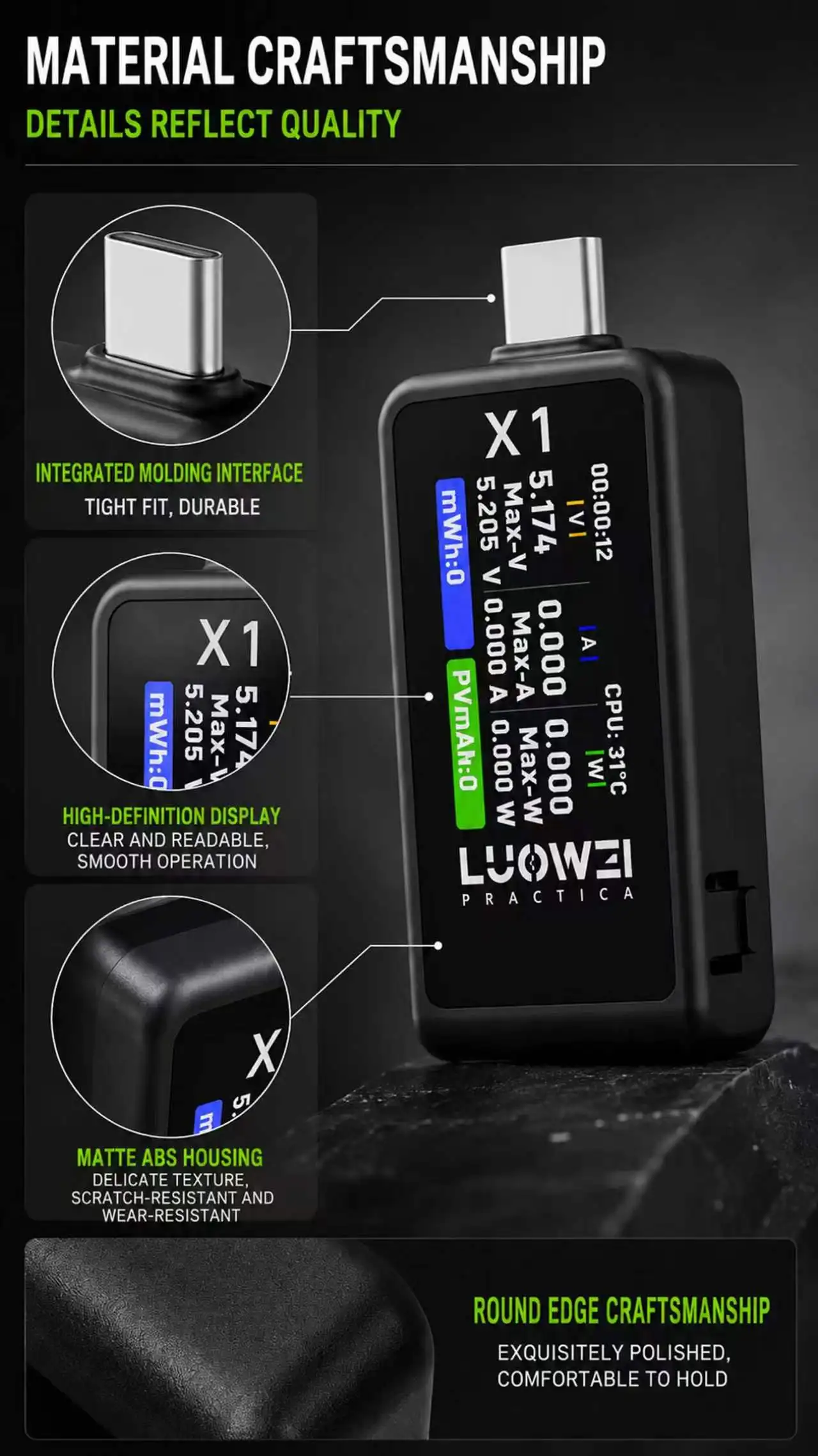 9-in-1 USB Type-C voltmeter, ammeter, and capacity tester; supports multiple fast charging protocols and automatic detection.