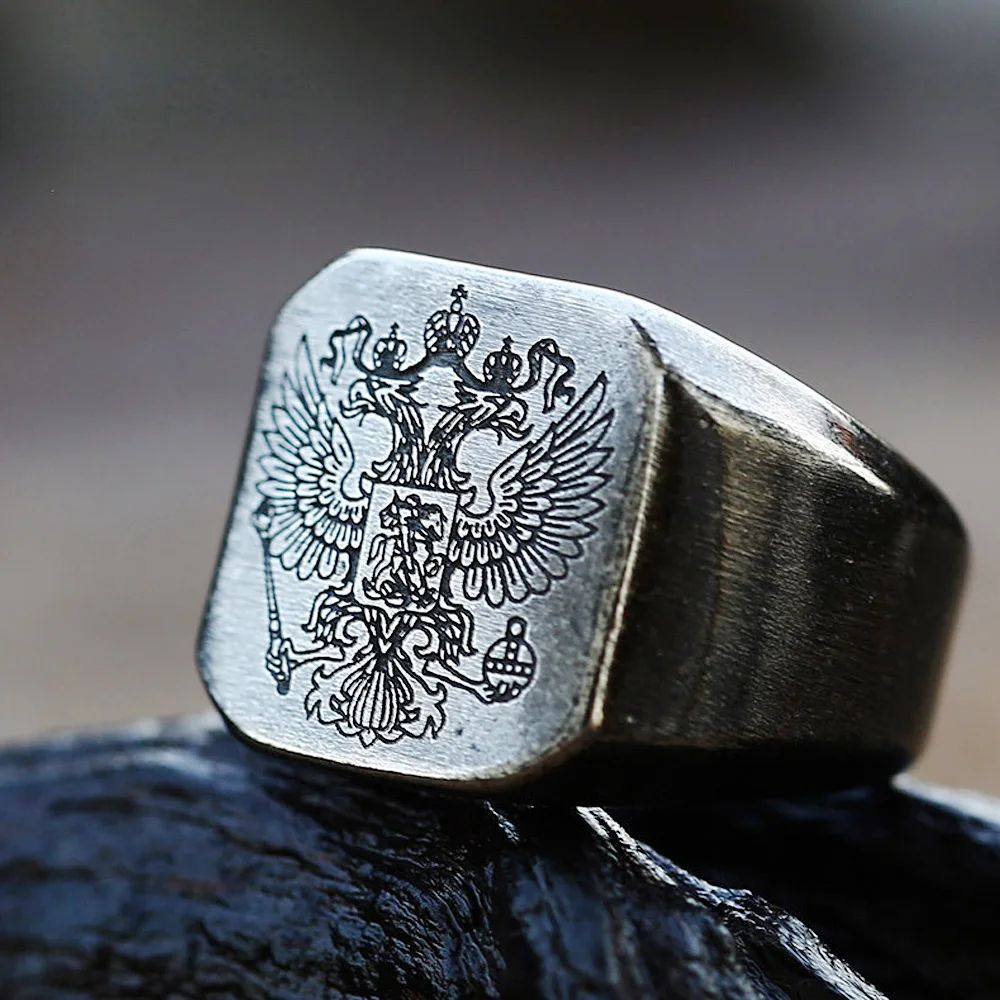 Vintage Stainless Steel Double Headed Eagle Ring For Men High Quality Antique Silver Color Biker Army Eagle Ring Fashion Jewelry