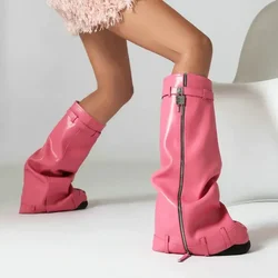 Plus Size 47 46 48 Pink White Luxury Brand Pleated Pants Boots Zipper Wedges High Heels Women Winter Shoes With Metal Shark Lock