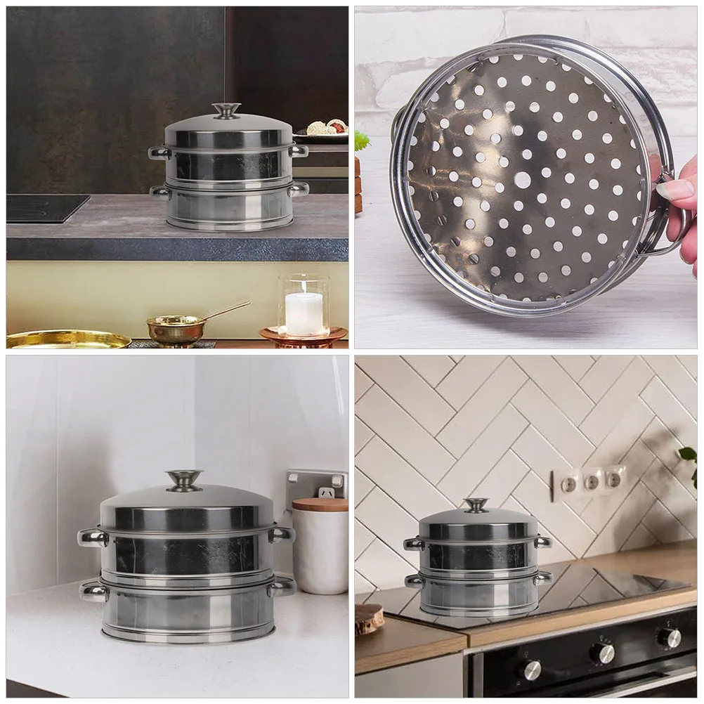 

Stainless Steel 2-Tier With Lid For Vegetables Dumplings Buns Kitchen Steamer Multi-Functional Food Steamer Kitchen