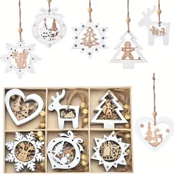 Set of 24 christmas tree ornaments, wooden hanging craft decorations for winter, 3d rustic farmhouse christmas ornaments