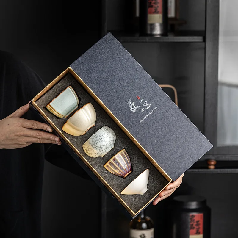 

Five Famous Kiln Tea Cup Set for Personal Use High End Household Ceramic Kung Fu Tea Set with Hand Gift