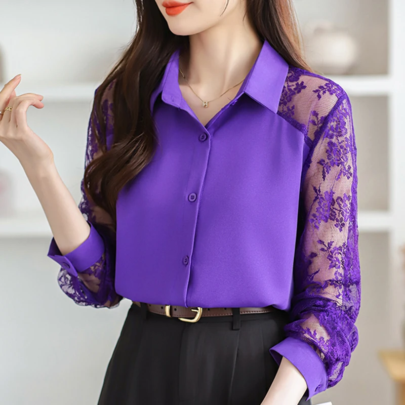 قميص المرأة الربيع الصيف بولو طوق الدانتيل بلوزة شيفون كم طويل سترة أنيقة مكتب بلوزات فضفاضة قميص كروشيه أسود