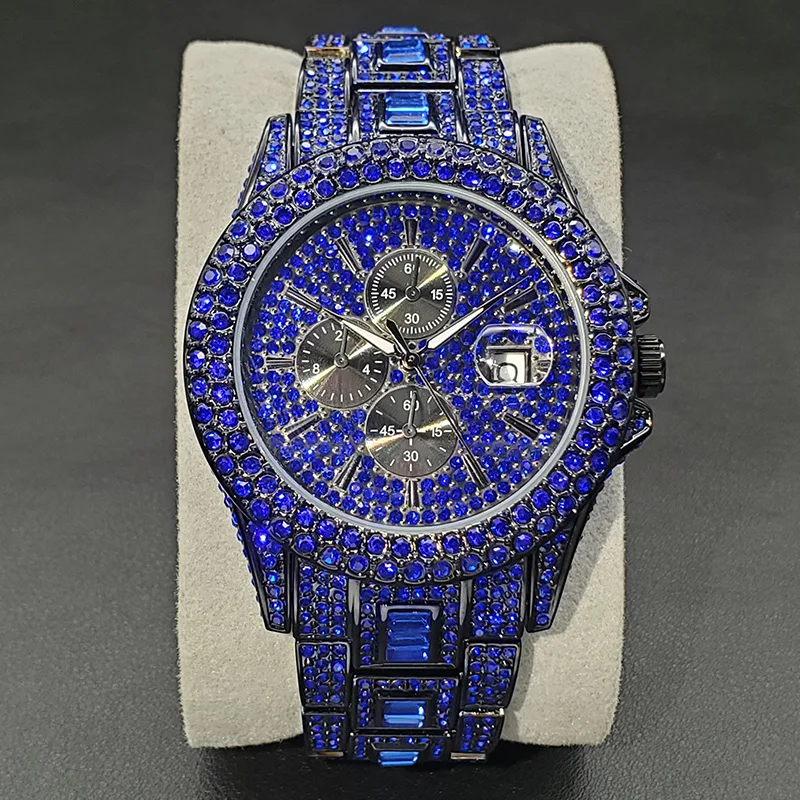 2023 New Design Diamond Watch For Men Luxury Colorful Rhinestone Purple Blue Green Quartz Watches Hip Hop Fashion Iced Out Clock