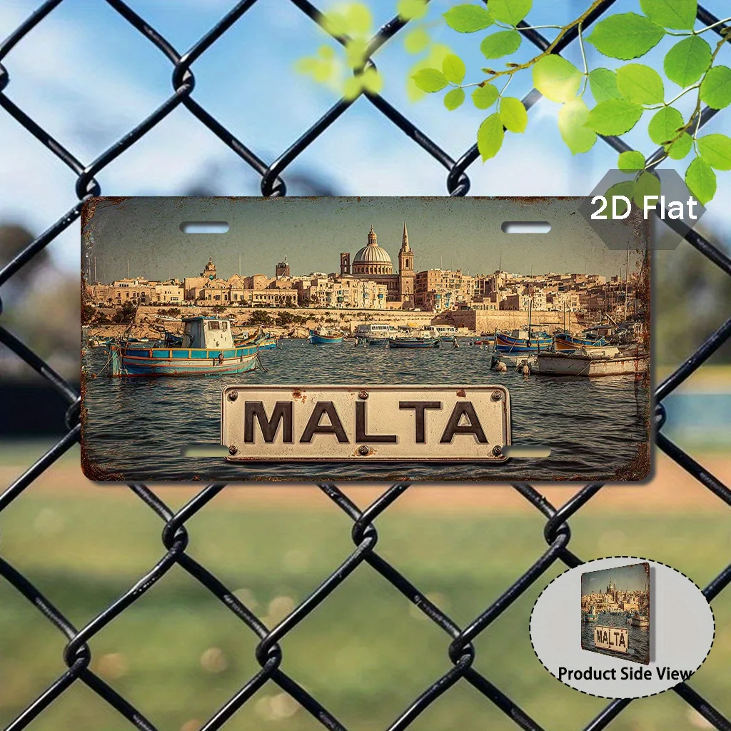 2D Flat Retro Malta License Plate 11.8x5.9 Inch Valletta City Skyline Home Wall Decor