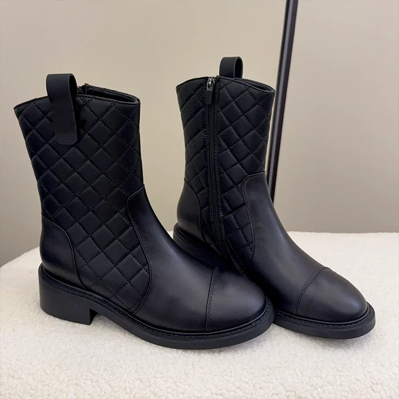 

Высококачественные женские ботинки средней длины с боковой молнией, туфли на низком каблуке с круглым носком, осенние модные удобные туфли без шнуровки 25080815