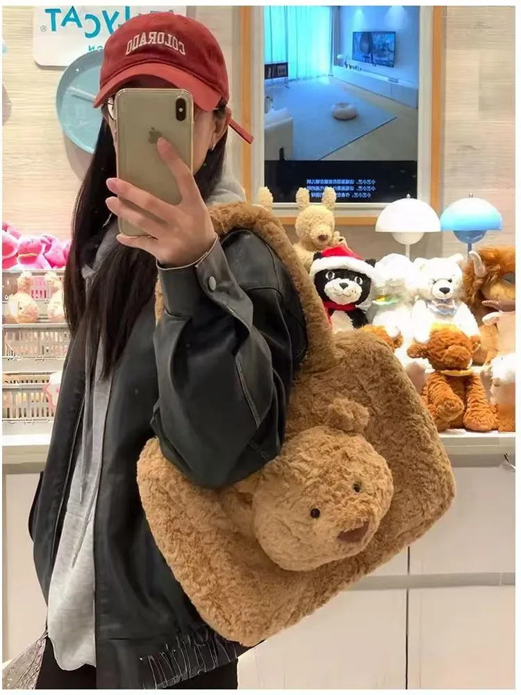 Barcelona Bear Plush Toy Backpack Large Capacity Shoulder Bag Cartoon Style Cute Bear Design Travel Hiking Camping Bag