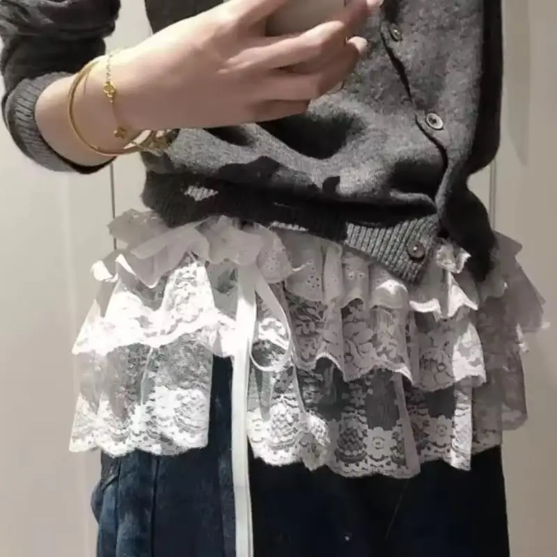Summer Women Jeans Embellishment Women Y2K Korean Lace Mini Layered Skirt White Flower Mesh Peplum Skirt