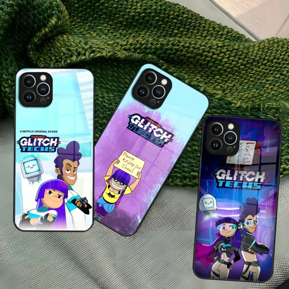 Glitch Techs Cartoon  Phone Case for Iphone 15 14 13 12 Pro Max 11 Mini X Xr Xs 8 7 Puls glass