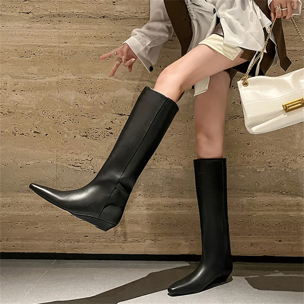 FEDONAS Fashion Brand Women Genuine Leather Knee High Boots Wedges High Heels Pointed Toe Warm Long Shoes Woman High Boots