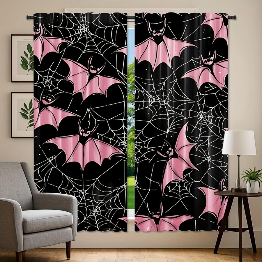 2PCS Digital Printed Curtains, Black Skull Skeleton Pattern, Easy Hang Style Rod Pocket Drapes for Bedroom Living Room Decor