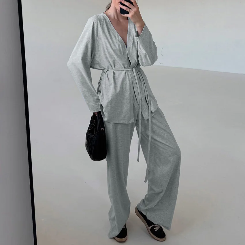 

Hiloc Grey V-Neck Lace-Up Long Sleeve Full Placket Robe Suit Elastic Floor-Length Pants Sets Loose Knitted Outdoor Pajama Outfit