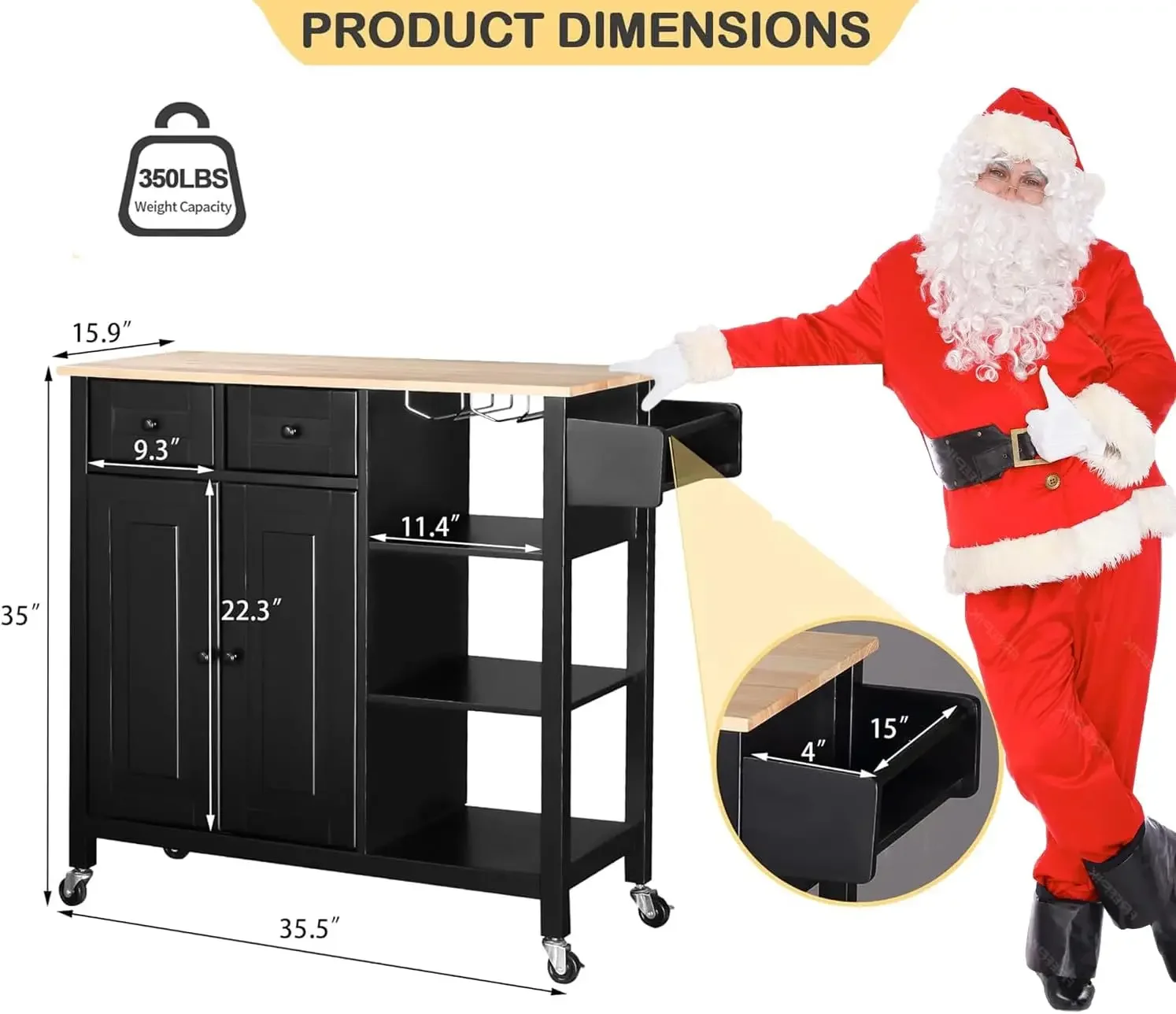 Îlot de cuisine à roulettes, chariot de cuisine avec armoire, étagères à 3 couches, dessus de seau en bois, îles de rangement mobiles avec épices T1