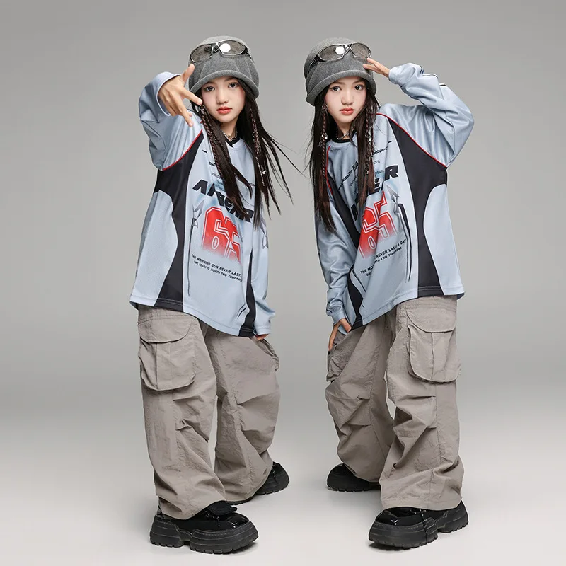 Kid Hip Hop Clothing Blue V Neck Letters Long Sleeve T Shirt Gray Casual Pocket Cargo Pants for Girl Boy Dance Costume Clothes