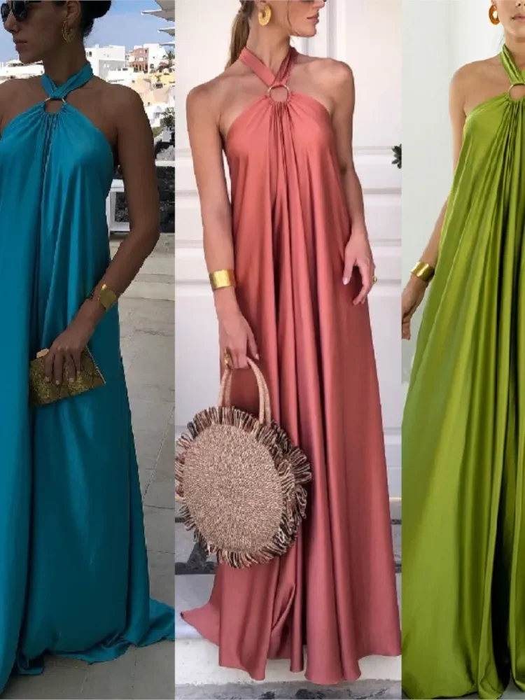 فستان نسائي صيفي مثير بدون أكمام ورقبة معلقة من الساتان المجوف مع أزياء من الدانتل حتى سوينغ كبير طويل بدون ظهر