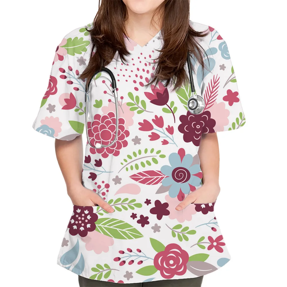 الزي الجراحي للمرأة موضة الأزهار طباعة الزي الطبيب البيطري الجراحي الخامس الرقبة قصيرة الأكمام بلايز الحيوانات الأليفة Medico المرأة الدعك الجراحية
