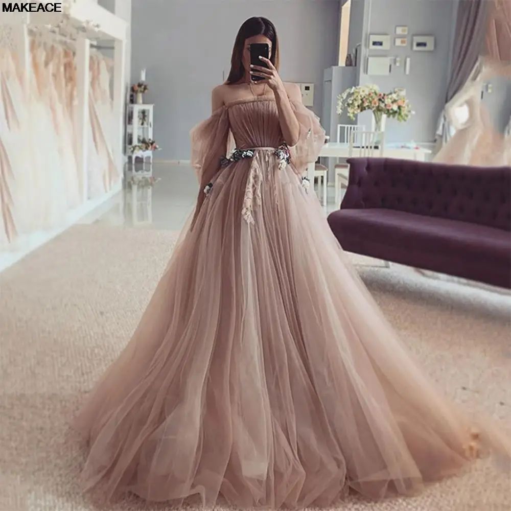 

2023 Evening Dresses Fairy Pleat Tulle Off The Shoulder Puff Sleeve Vestidos De Fiesta Flowers Wedding Gown