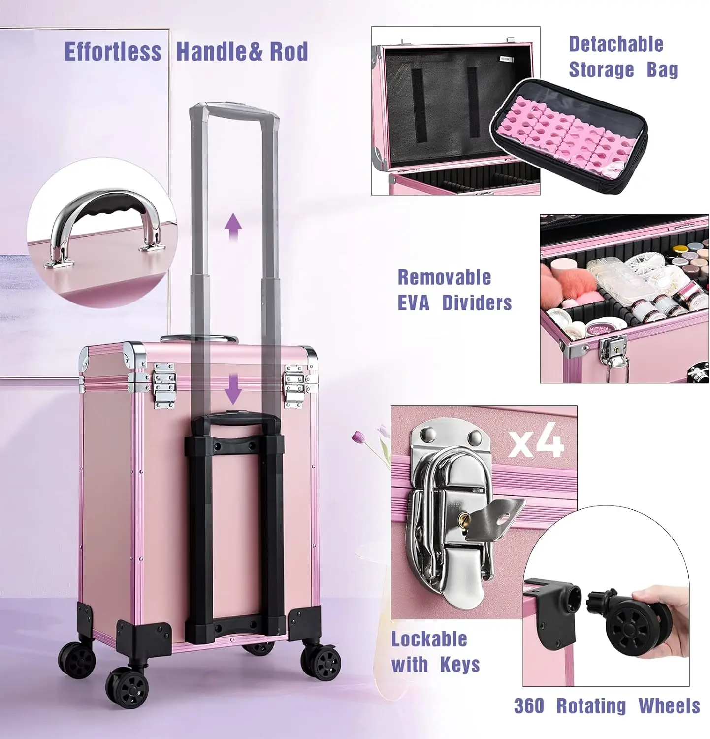 Professional Rolling Makeup Train Case with Drawers Travel Large Cosmetic Trolley with Locks Cosmetics Storage Organizer box