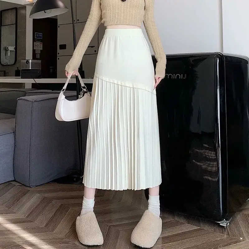 

Knitted Pleated Spliced Skirts Women's Clothing Fashion Asymmetrical Autumn Winter Solid Color Basic A-Line Elastic Midi Skirts