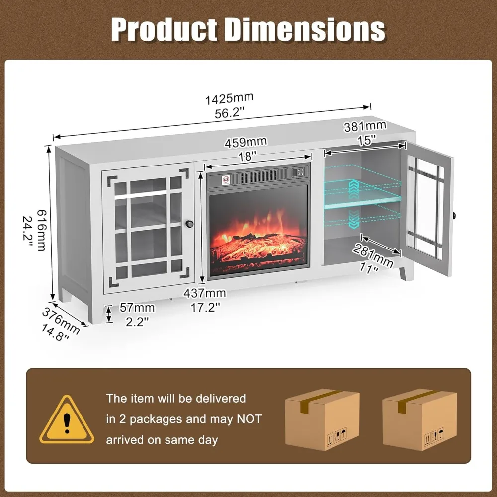 58'' Fireplace TV Stand, Entertainment Center Media Console for Living Room with 18'' Electric Fireplace, Glass Door Cabinets, T