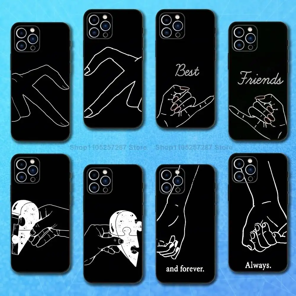 Girls Bff Best Friends Art Case For iPhone 12,14,15,16,17,13,11,X,Mini,Plus,Pro Max,8,7,XR,SE,XS,Soft Silicone Black