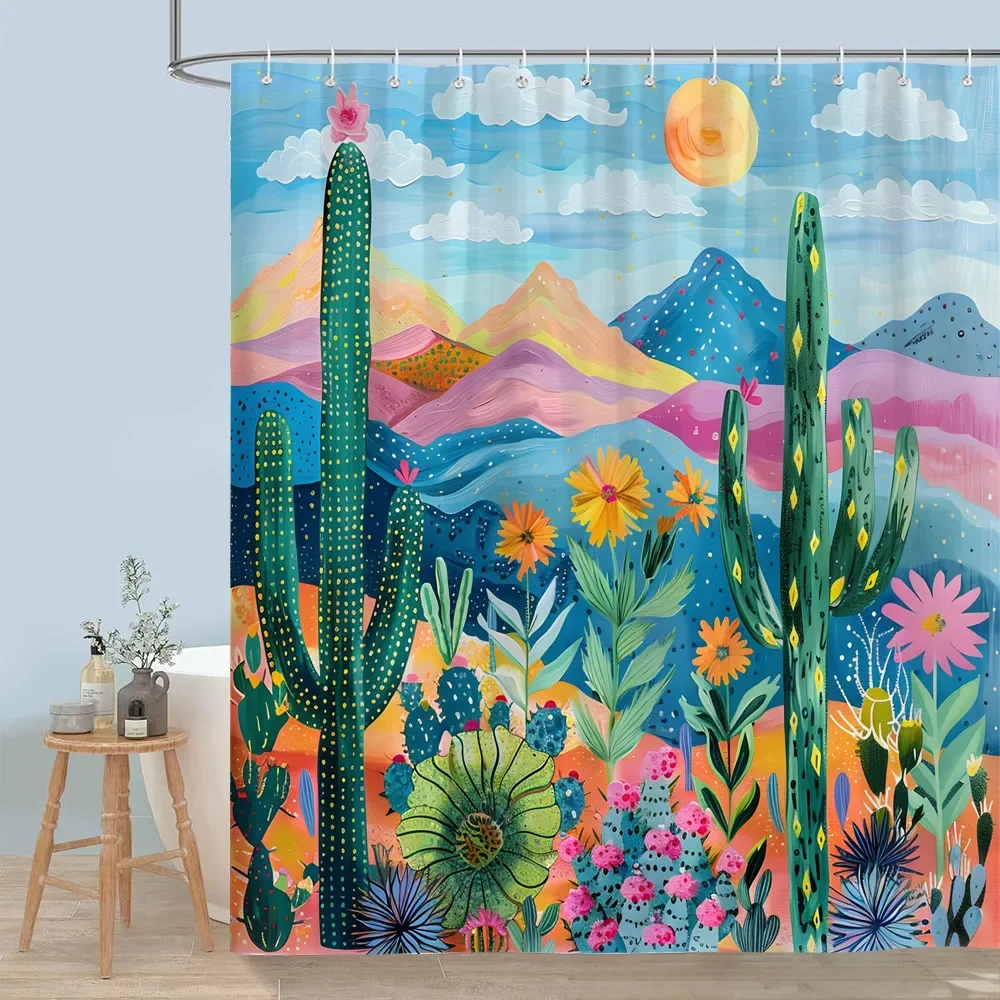 Cactus Watercolour Print Shower Curtain Desert Green Plants Rustic Planks Bohemian Vintage Shower Curtains Bathroom Home Decor