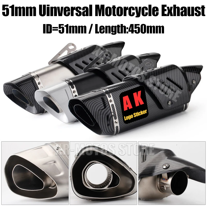 

51MM Universal Motorcycle AK Exhaust Muffler for NINJIA250 400 Z400 900 CBR300 R3 R6 R25 ZX6R ZX10R MT09 ETC Exhaust Modify Part