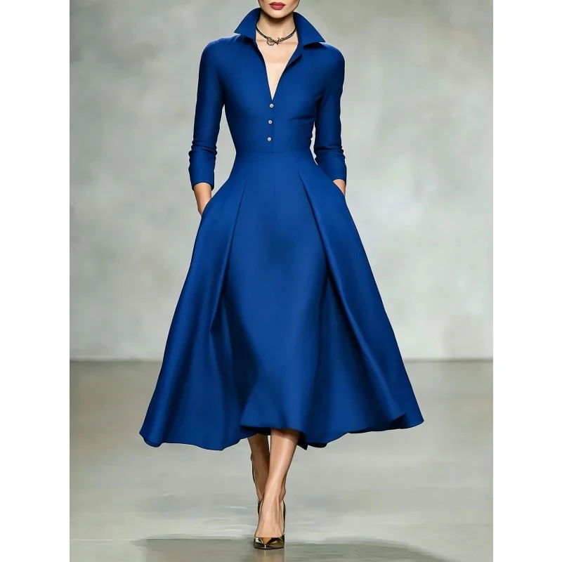Elegantes Damen-Midikleid mit Hemdkragen, langen Ärmeln, V-Ausschnitt, Knopfleiste vorne, A-Linien-Schnitt, ausgestellter Rock und Taschen – ideal für Büro, Party oder formelle Anlässe. – Detail 4
