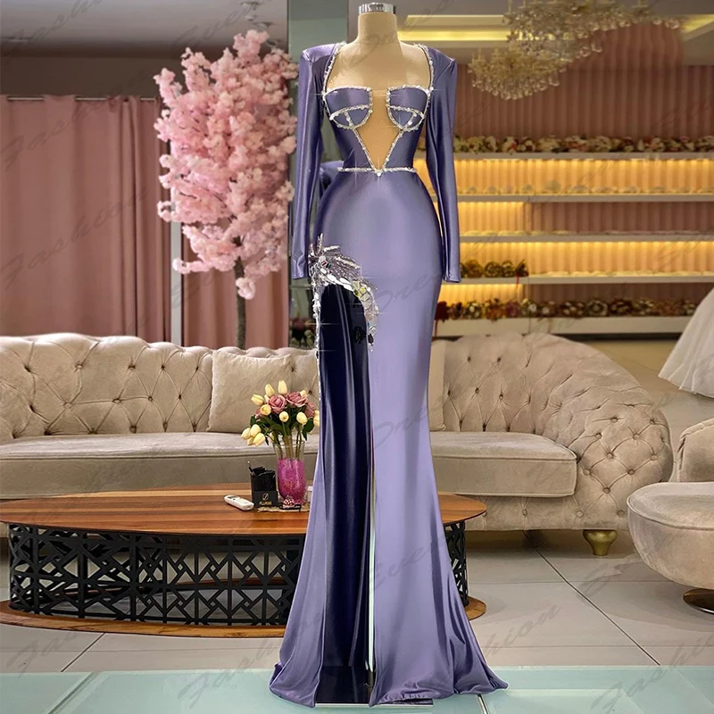 Hermosos vestidos de noche de satén con cuentas, vestidos de fiesta de graduación, manga larga, hombros descubiertos, sirena Sexy, Formal, Simple, abertura alta, hermoso