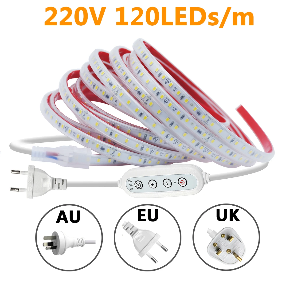 220V Timing Dimmer 2835 LED Light Strip With EU AU UK Plug 120LEDs Warm Natural White IP67 Waterproof Cuttable Flex Tape 0.5-25m