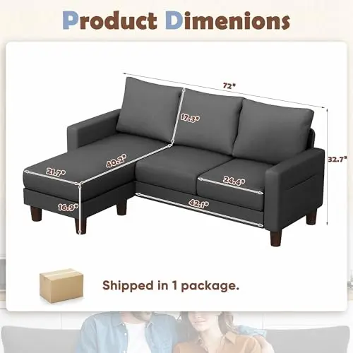 

Dark Grey Linen 3-Seater L-Shape Sofa With Flip-Over Chaise, 72 Inch Compact Design For Apartment Use