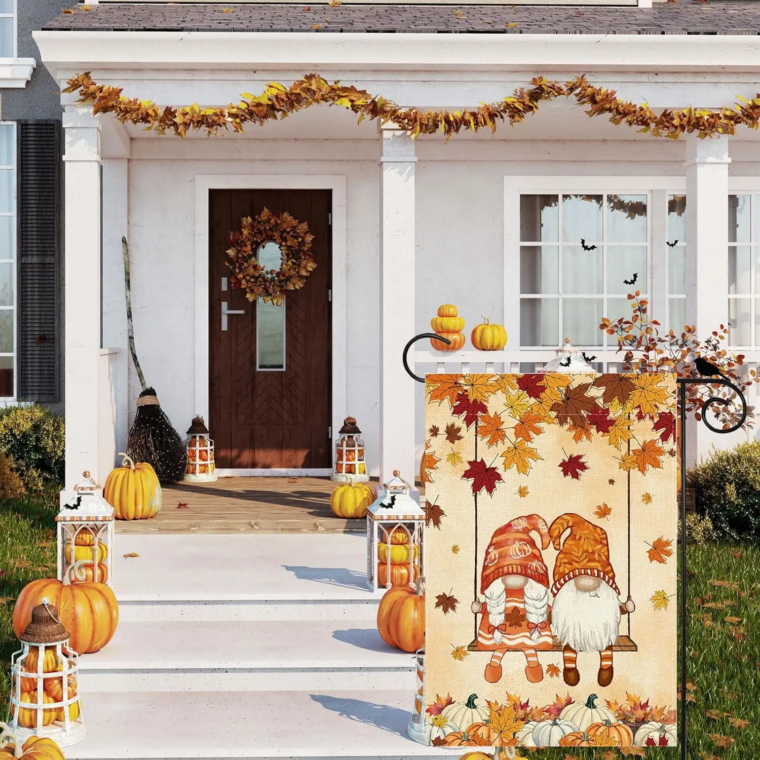 Fall Gnomes Swing Maple Leaves Pumpkins Autumn Garden Flag Yard Flag 12x18 Inch Double Sided Small Mini Yard Outdoor Outside JHH