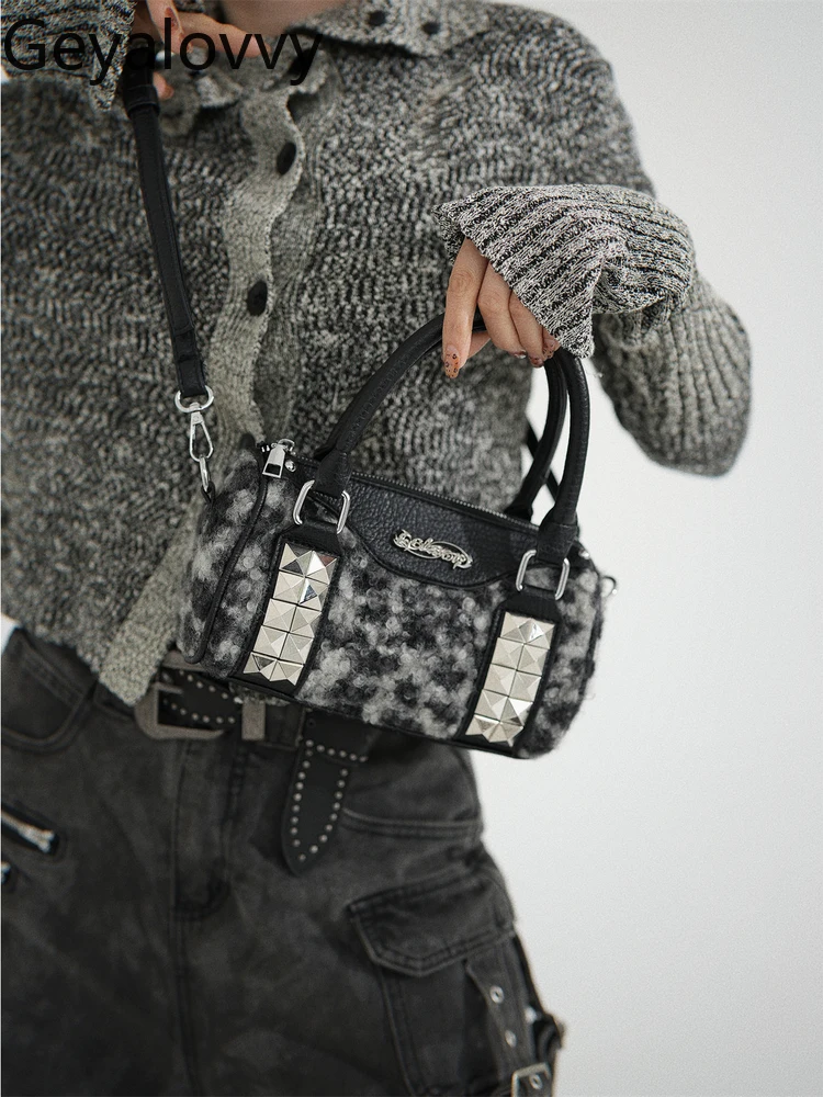 Original Heavy-duty Rivet Autumn Winter Women's Handbags Plush Retro Boston Pillow Handheld Shoulder Crossbody Bag Femme