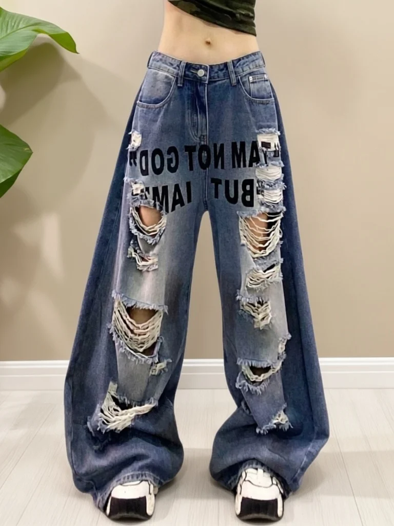 

Retro Letter Print High Waist Slimming Wide Leg Jeans Women's Summer New Style Casual Washed Denim Pants with Pockets