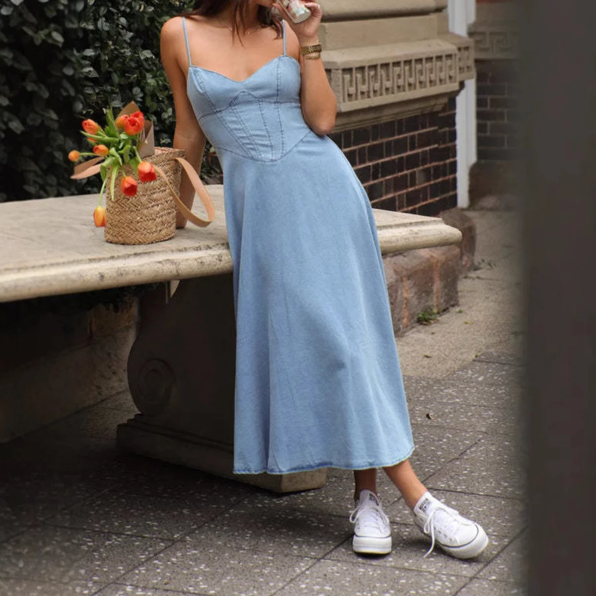 Spaghetti Strap Jean Dress For Women Summer Fashion Casual Beach Vestidos Midi Dresses Denim Fabric Sleeveless Slim A Line Dress