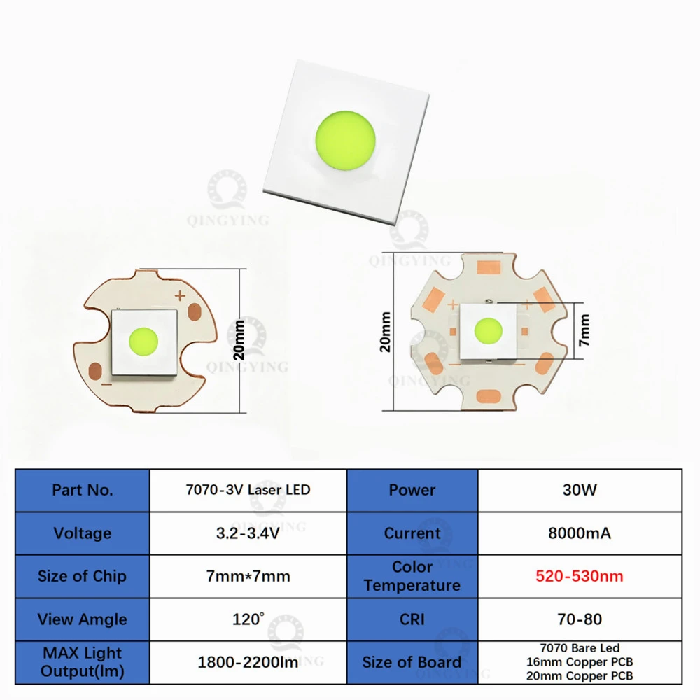 7070 LED Flat White Laser Bead Circular 8A 3V Chip 30W XHP70 HI  White Blue Green Light High-Power Lamp Copper Plate Torch Parts