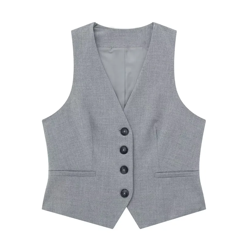 TRAF Two Piece Suit Woman Shorts Sets Sleeveless Women\'s Formal Vest Top Pleated Grey Casual Shorts Sets Women 2 Piece Outfit